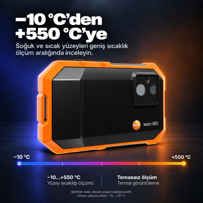 Testo 862-1 termal kamerada -10 °C ile +550 °C ölçüm aralığı