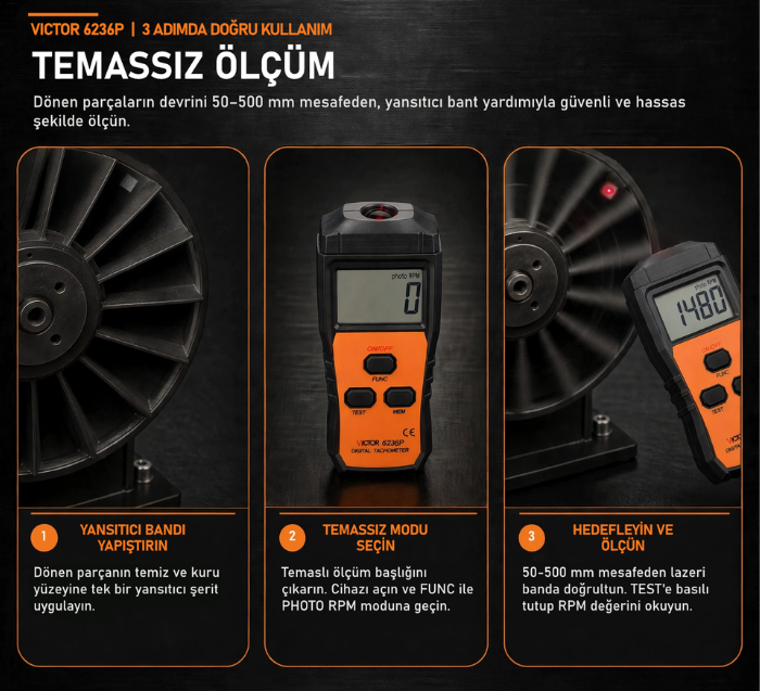 Victor 6236P temassız devir ölçümü kullanım adımları