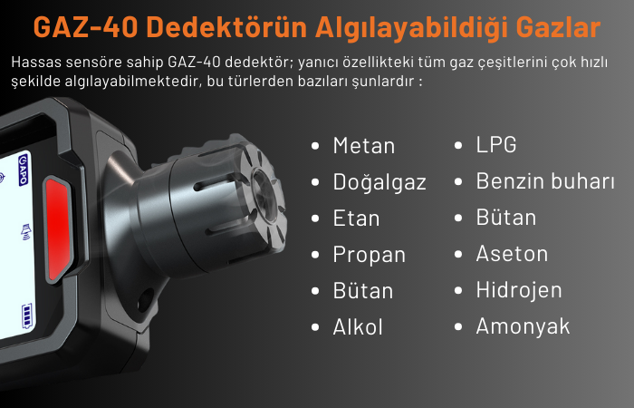 Dedektörün algılayabildiği gazlar