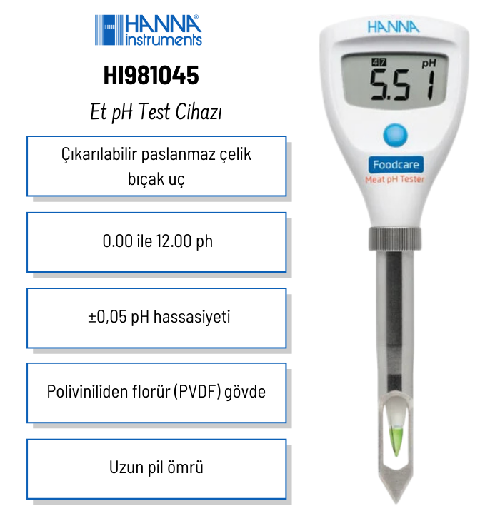 Hanna HI981045 Çelik Bıçaklı Et pH Test Cihazı Özellikleri