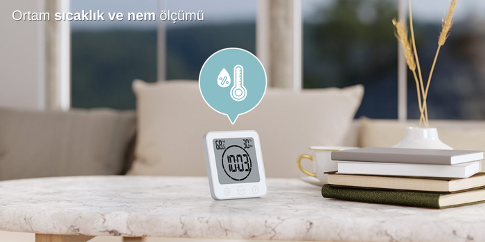 Dokunmatik ekranlı nem ve saat göstergeli zamanlayıcı