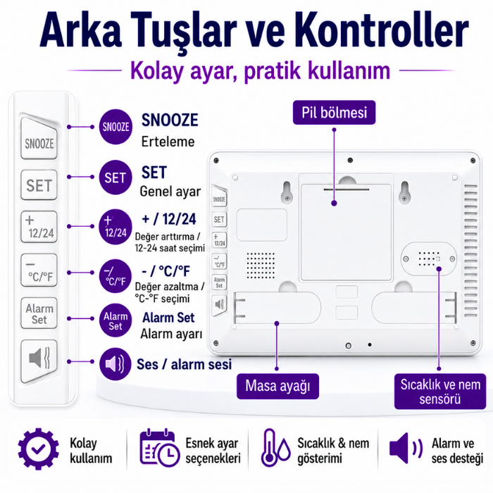 Loyka LCDBY75 Beyaz Dijital LCD Saat Tuş Açıklamaları