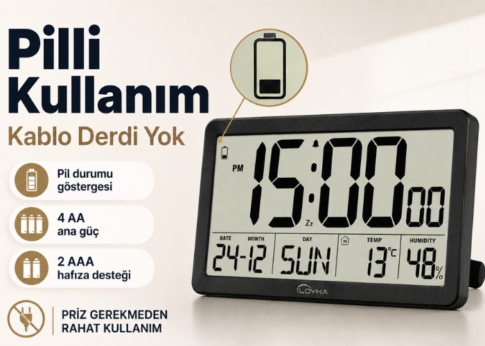 Loyka LCDSY75 Siyah Dijital LCD Saat | Tarih, Sıcaklık ve Nem Göstergeli