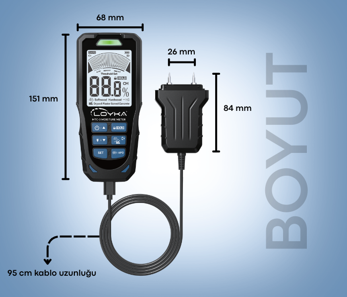 MTC - 3 Manyetik ve İğne Problu 2-in-1 Nem Ölçer Boyut