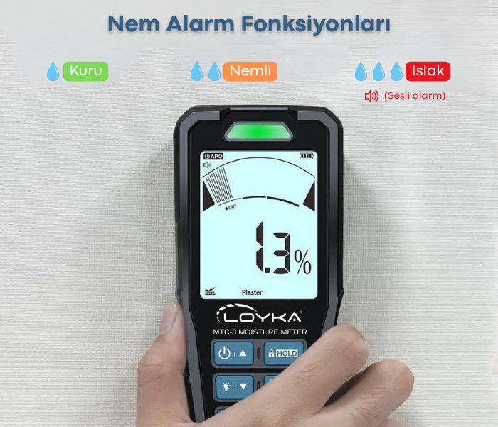 MTC - 3 Manyetik ve İğne Problu 2-in-1 Nem Ölçer | Ahşap ve Beton Görsel ve Sesli Uyarı