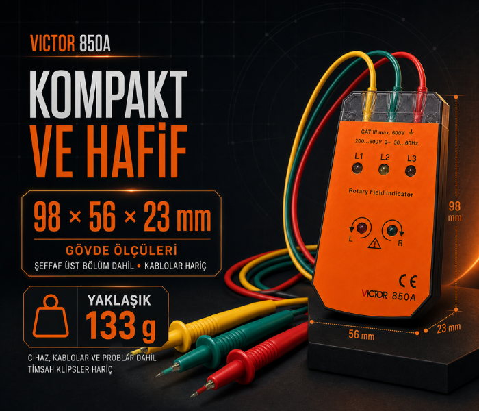 Victor 850A faz sırası ölçer boyutları ve ağırlığı