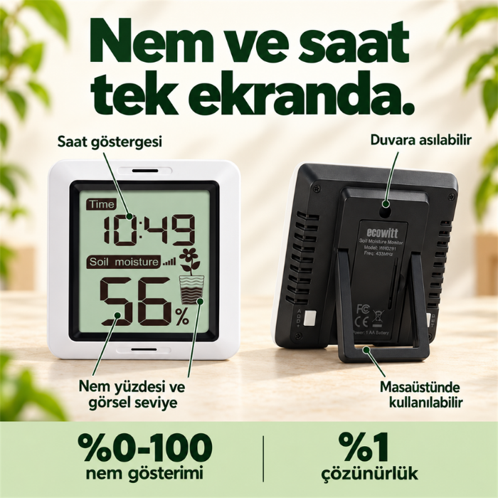 Ecowitt WH0291 LCD göstergenin ön ve arka görünümü