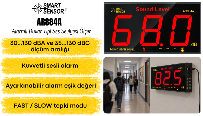 Smart Sensor AR884A Alarmlı Duvar Tipi Ses Seviyesi Ölçer Özellikleri