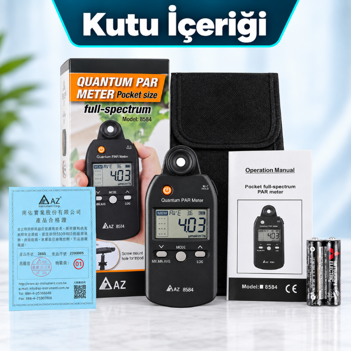 AZ 8584 Geniş Ölçüm Aralıklı PAR Metre Kutu İçeriği