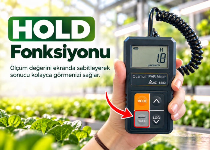 AZ 8583 quantum PAR metre HOLD fonksiyonu ile kolay kullanım