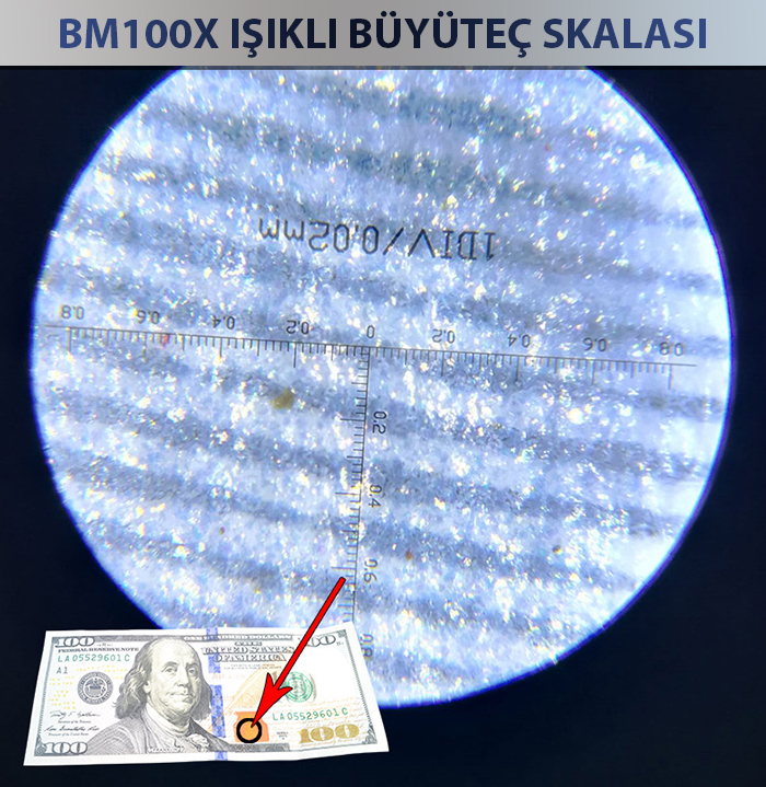 BM100X 0,02 mm ölçüm skalasıyla banknot incelemesi