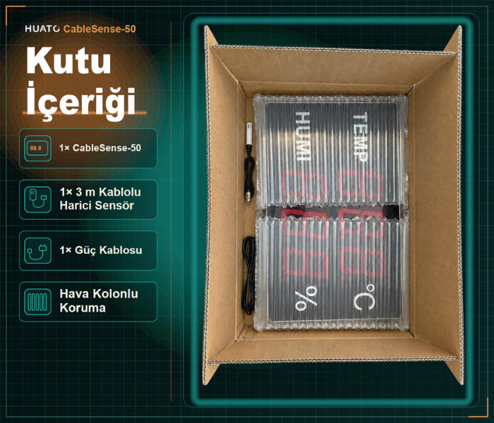 Huato CableSense-50 sıcaklık nem göstergesi kutu içeriği