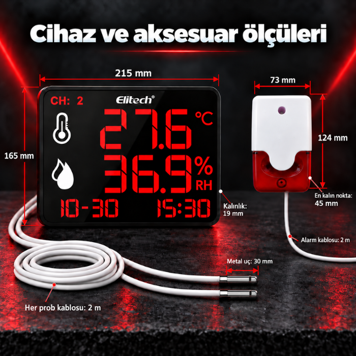 Elitech DR-230 THDE cihaz, prob ve harici alarm ölçüleri