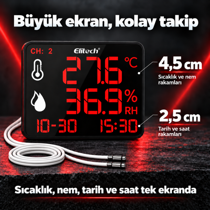Elitech DR-230 THDE 4,5 cm sıcaklık ve nem, 2,5 cm tarih ve saat rakamları