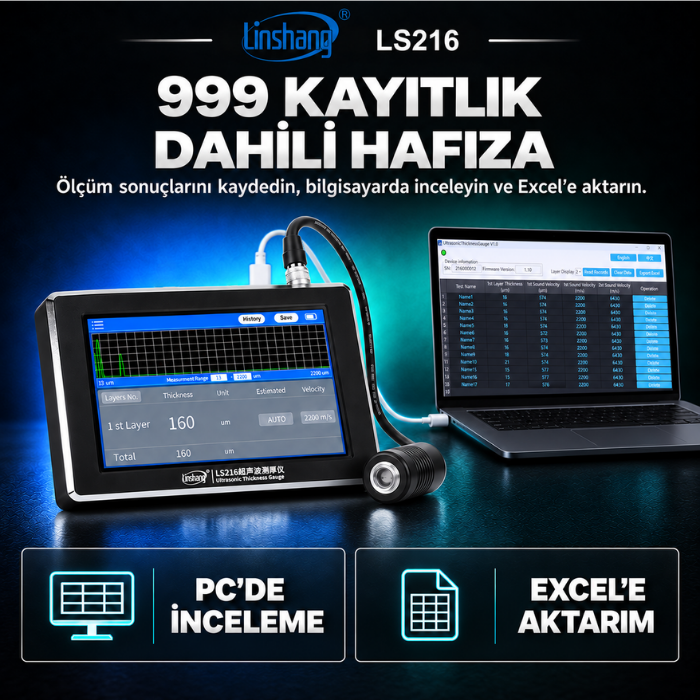 Linshang LS216 999 ölçümlük hafıza ve Excel aktarımı