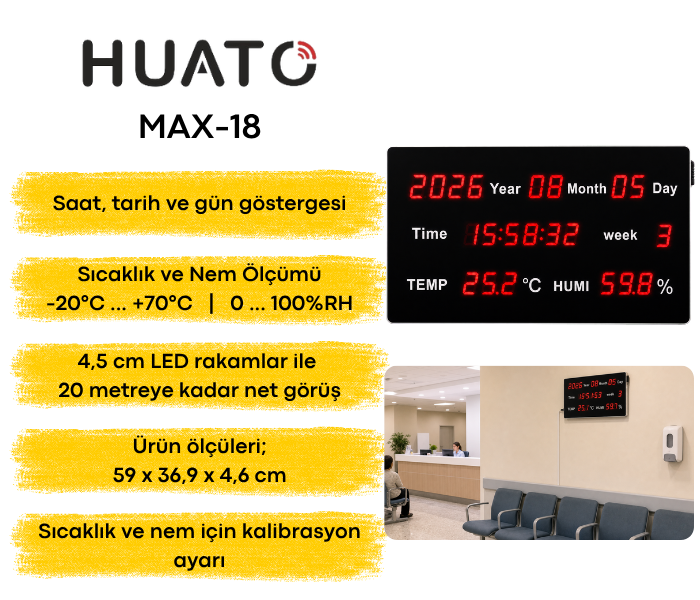 Huato MAX-18 büyük sıcaklık nem saat ve tarih göstergesi