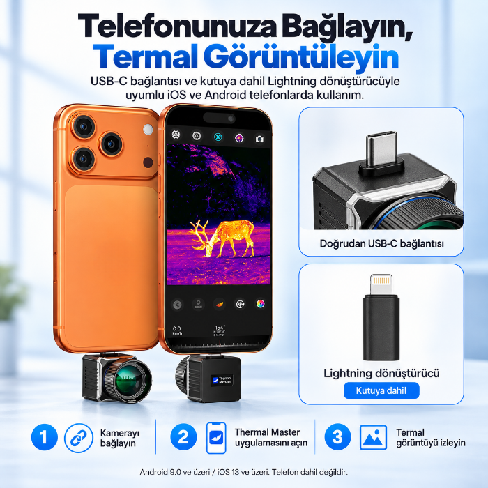 Thermal Master T2 Max USB-C ve Lightning telefon bağlantısı