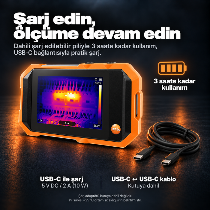 Testo 862-2 USB-C şarj bağlantısı ve pil süresi