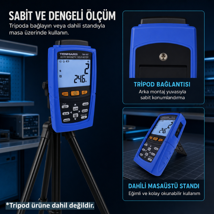 Tenmars TM-197 manyetik alan probunun tripodla sabitlenmesi