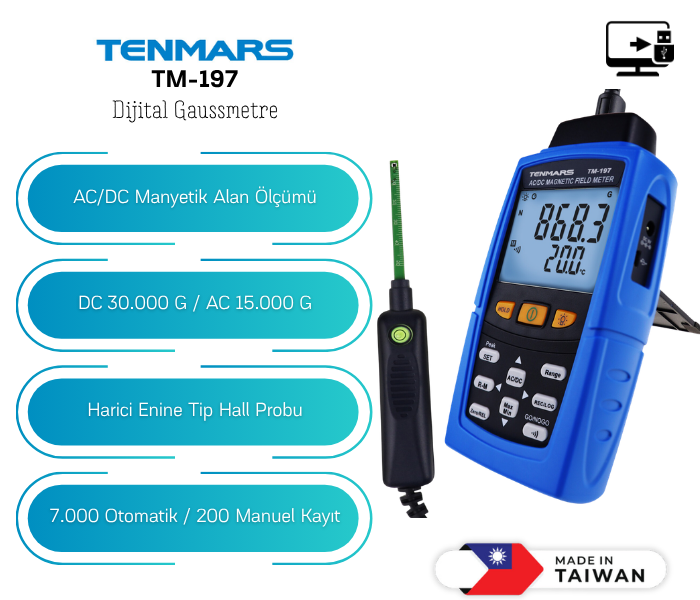 Tenmars TM-197 dijital gaussmetre ve Hall sensörlü probu